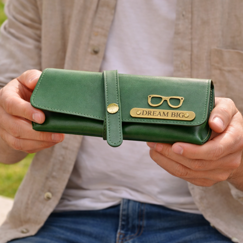 personalized green leather sunglasses case for eyewear protection
